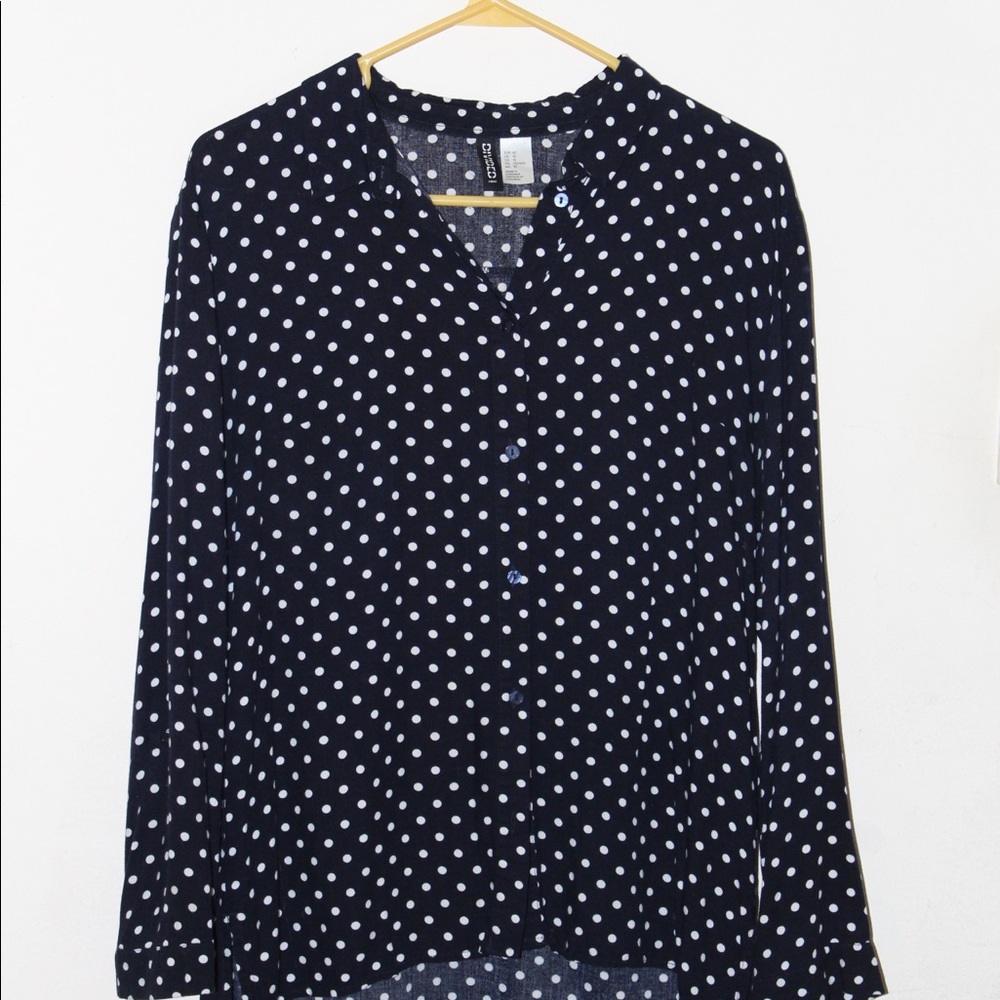 Navy polka dot blouse with long sleeves